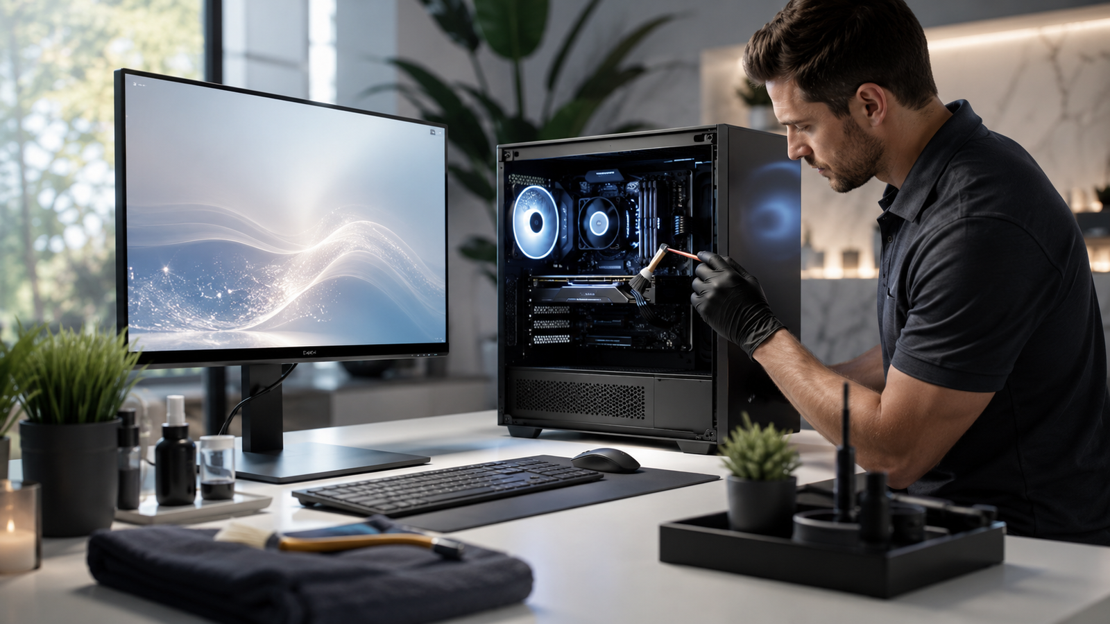 Technician carefully cleaning and servicing PC components