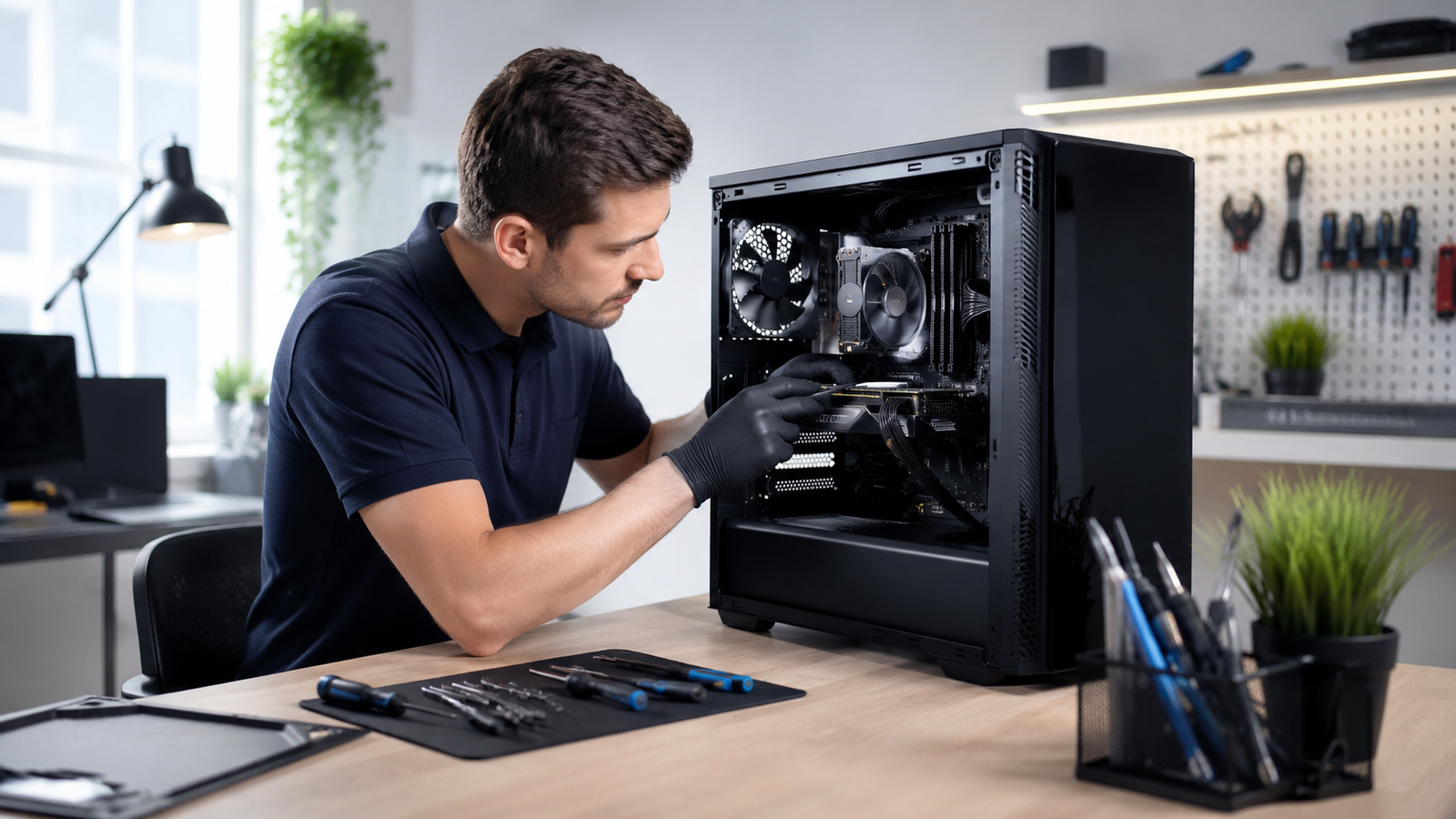 Professional technician servicing a custom desktop PC